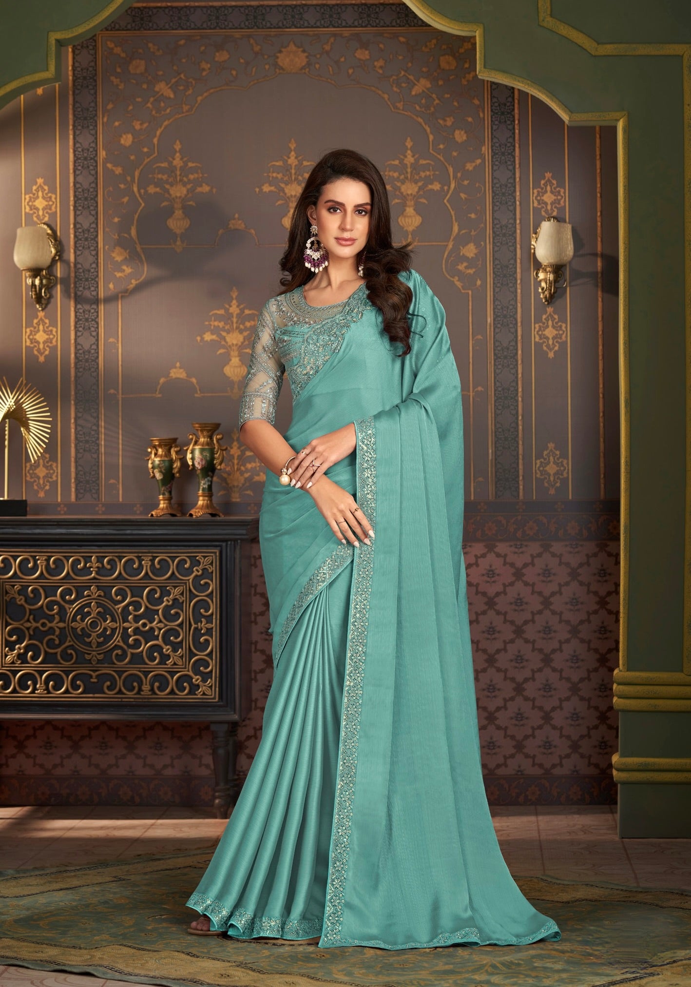 Powder Blue Designer Silk Readymade/Easy Saree