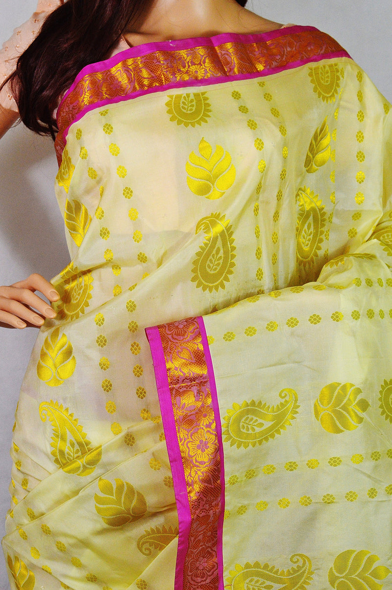Cream & Pink Kanchipuram Silk Saree