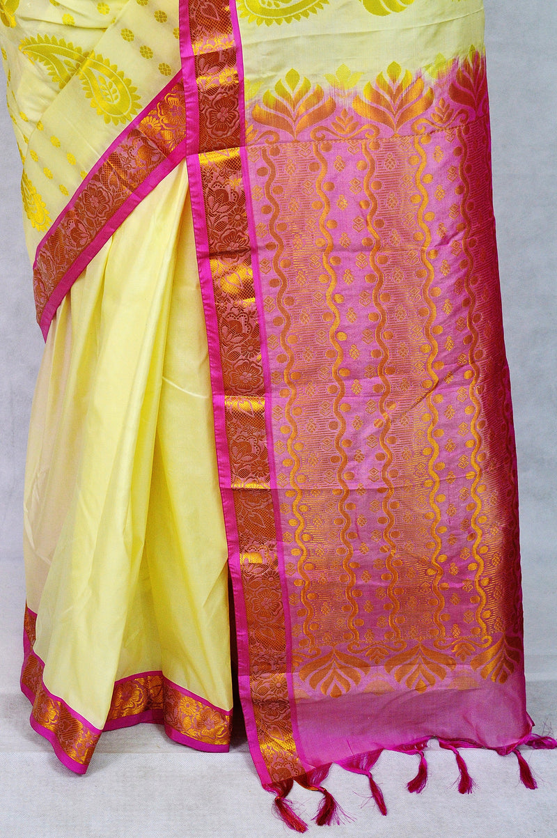 Cream & Pink Kanchipuram Silk Saree