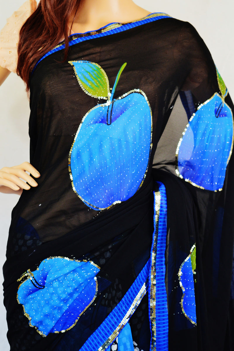 Black & Blue Colour Sequins Work Half & Half Saree