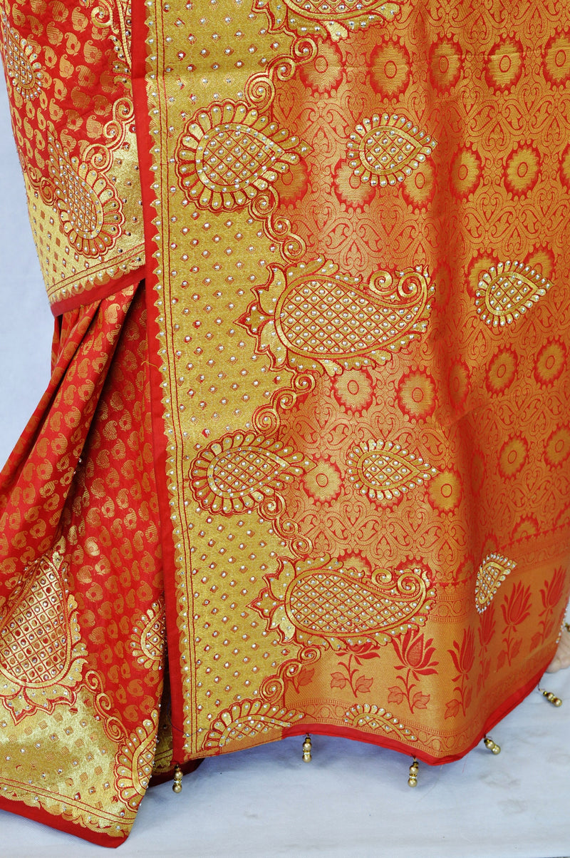 Scarlet Colour Stone Work Kanchipuram Silk Saree