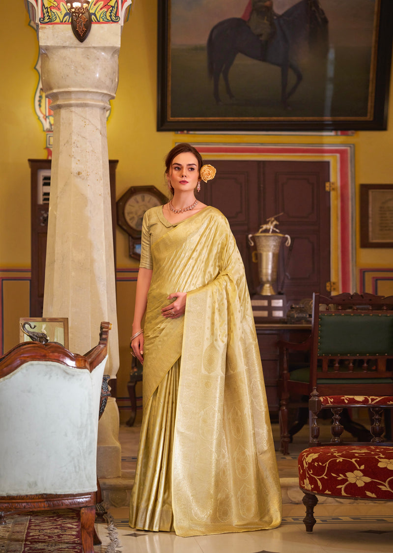 Lovely Golden Colour Banarasi Satin Silk Saree