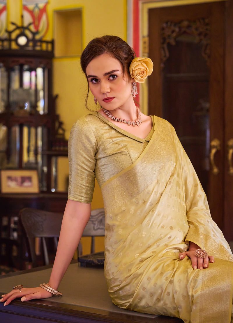 Lovely Golden Colour Banarasi Satin Silk Saree