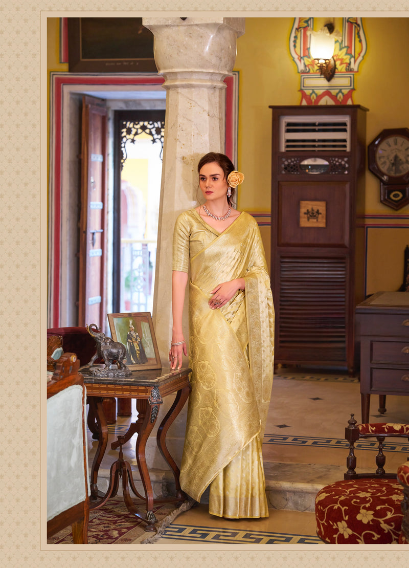 Lovely Golden Colour Banarasi Satin Silk Saree