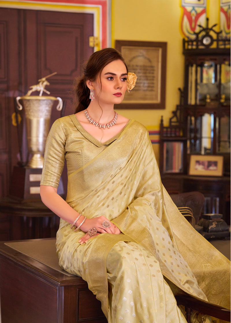 Lovely Golden Colour Banarasi Satin Silk Saree