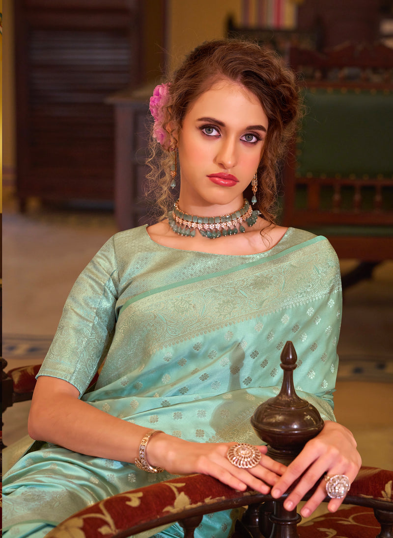 Mint Green Colour Banarasi Satin Silk Saree