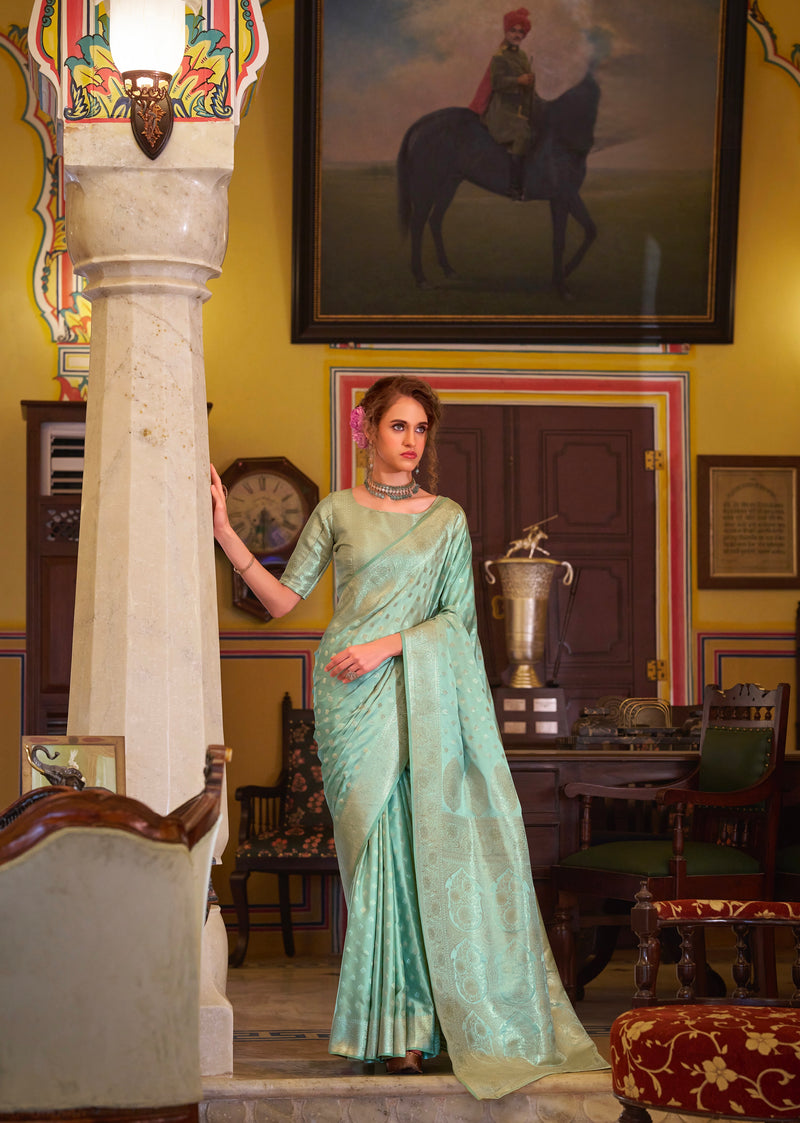 Mint Green Colour Banarasi Satin Silk Saree