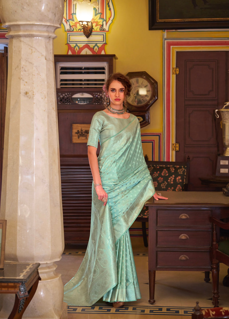 Mint Green Colour Banarasi Satin Silk Saree