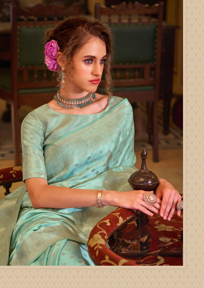 Mint Green Colour Banarasi Satin Silk Saree