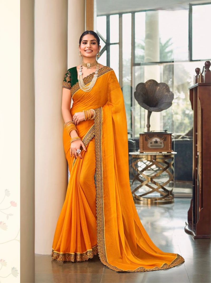 Yellow Colour Chiffon Silk Designer Saree