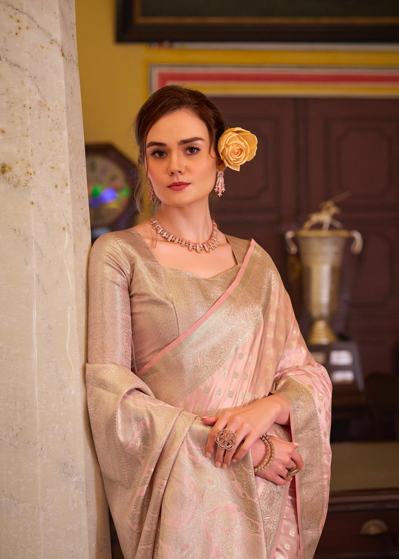 Pastel Pink Colour Banarasi Satin Silk Saree