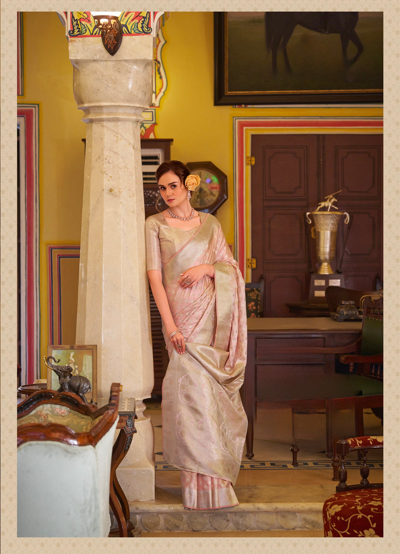 Pastel Pink Colour Banarasi Satin Silk Saree