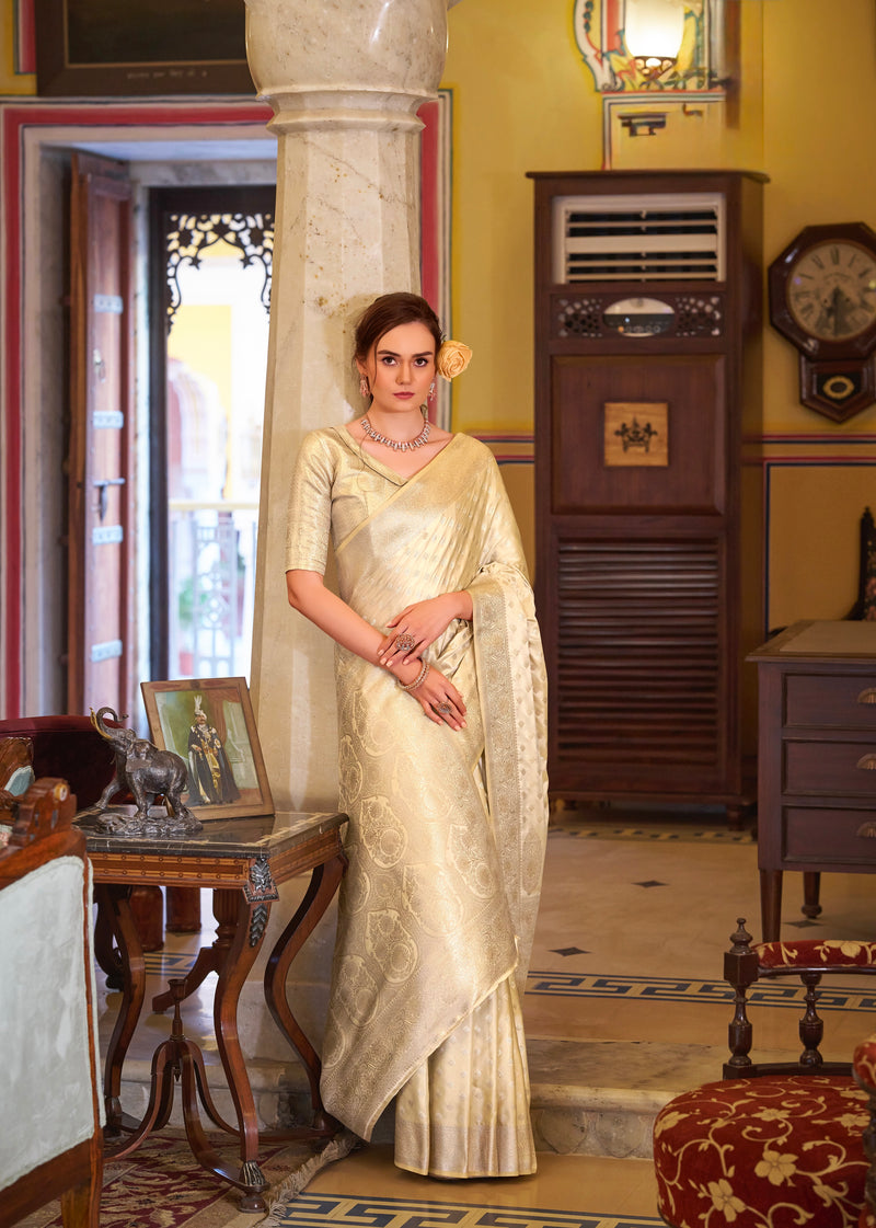 Light Golden Colour Banarasi Satin Silk Saree