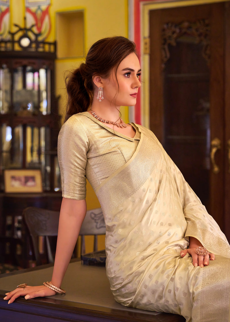 Light Golden Colour Banarasi Satin Silk Saree