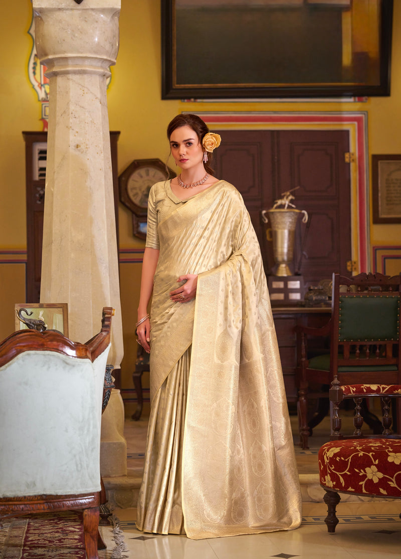 Light Golden Colour Banarasi Satin Silk Saree