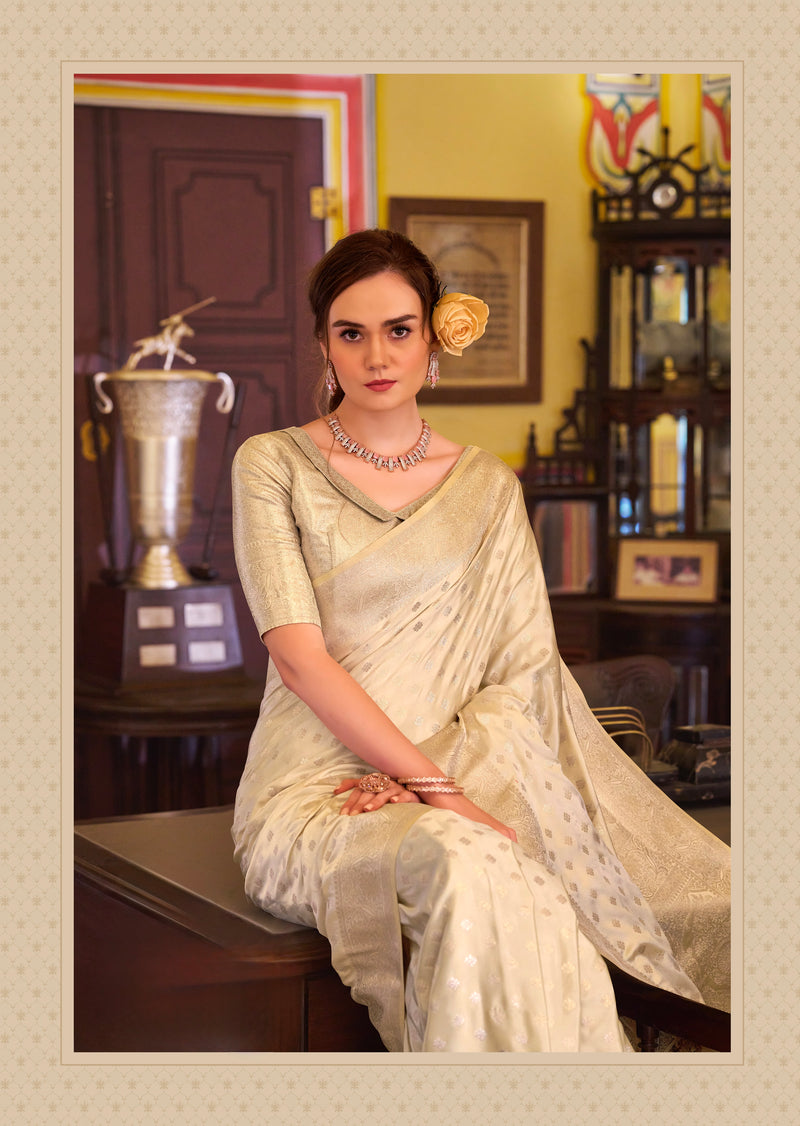 Light Golden Colour Banarasi Satin Silk Saree