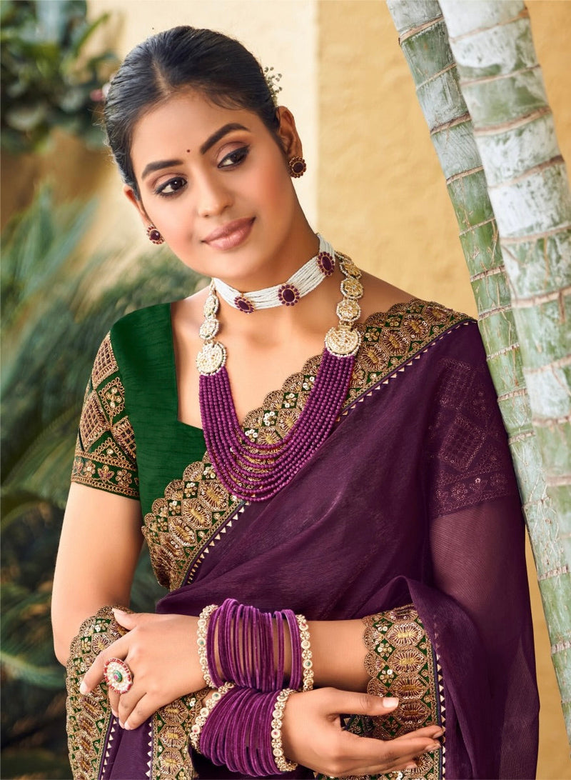 Purple Colour Chiffon Silk Designer Saree