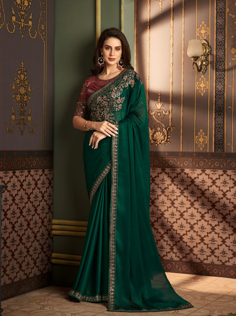 Green Colour Embroidery Silk Saree