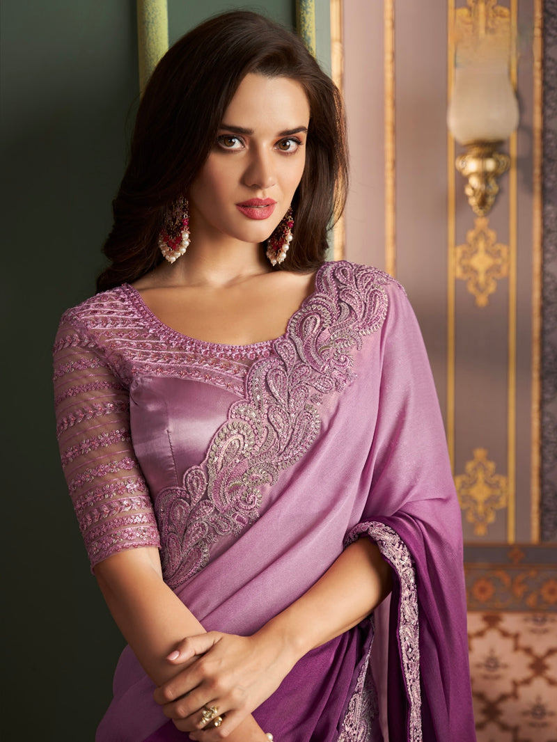 Purple Colour Embroidery Silk Saree