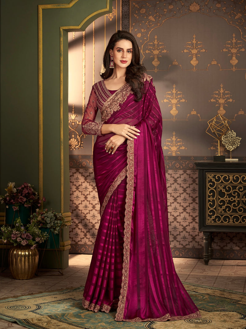 Magenta Colour Embroidery Silk Saree