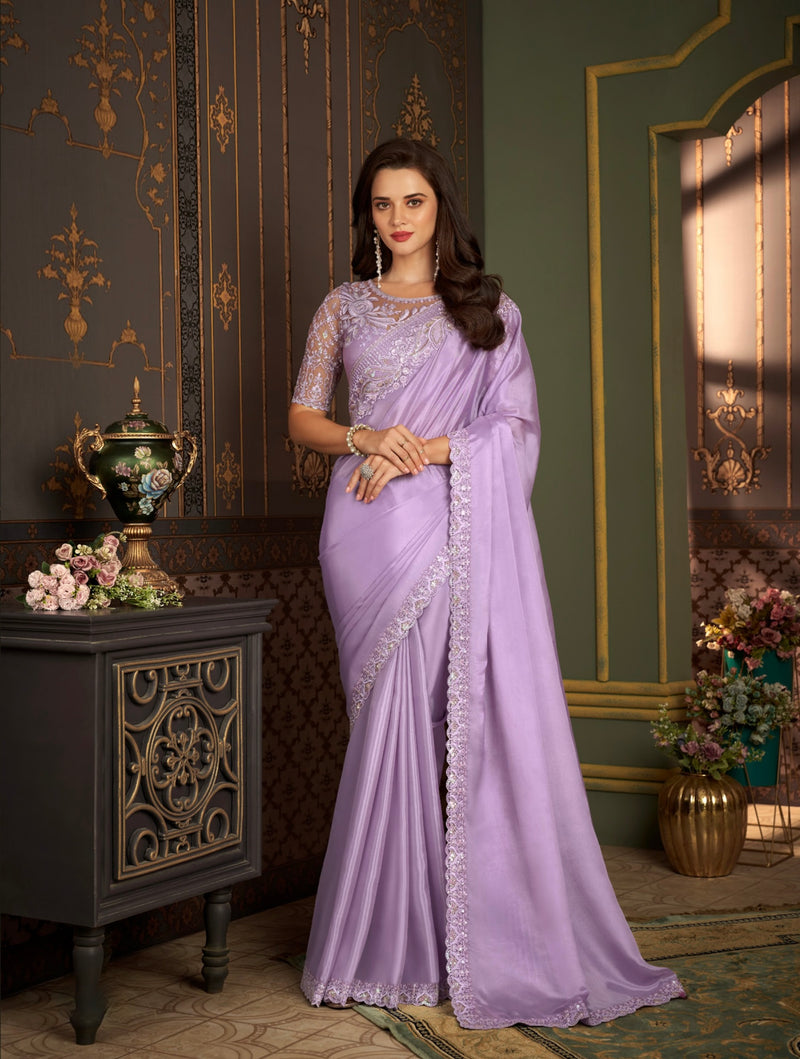 Lavender Colour Satin Silk Saree
