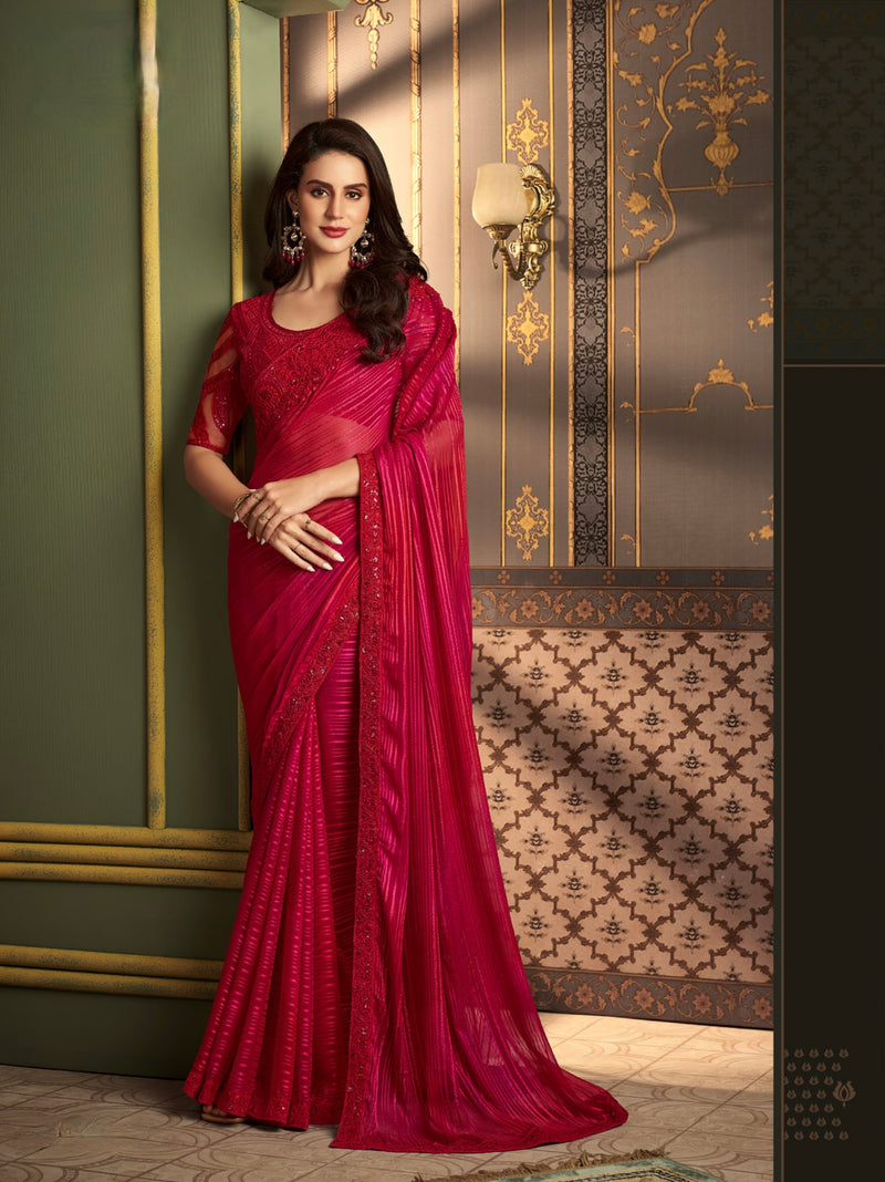 Red Colour Satin Silk Embroidery Saree