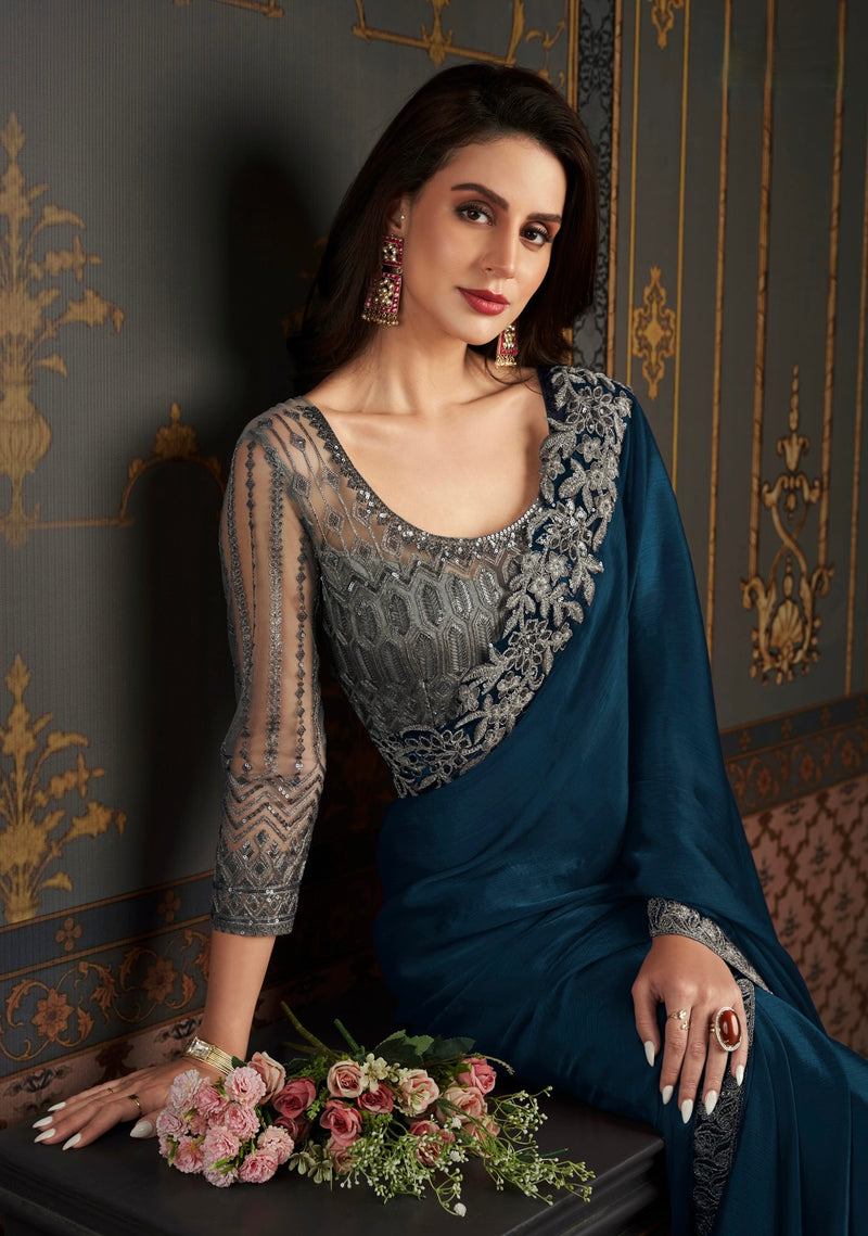 Blue Colour Embroidery Silk Saree