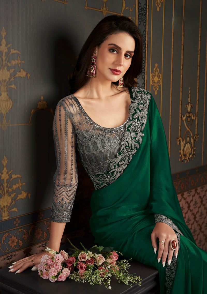 Green Colour Embroidery Silk Saree