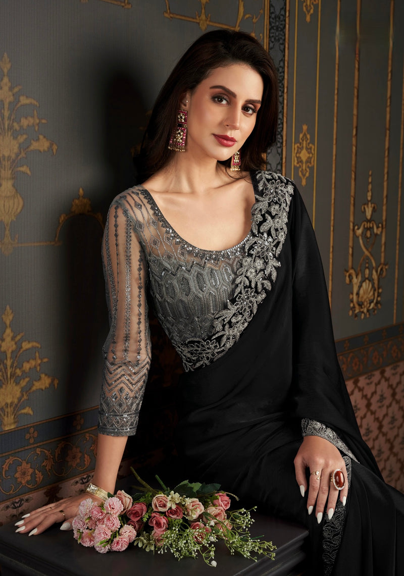 Black Colour Embroidery Silk Saree