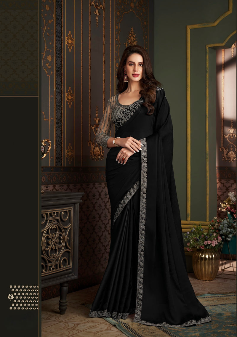 Black Colour Embroidery Silk Saree