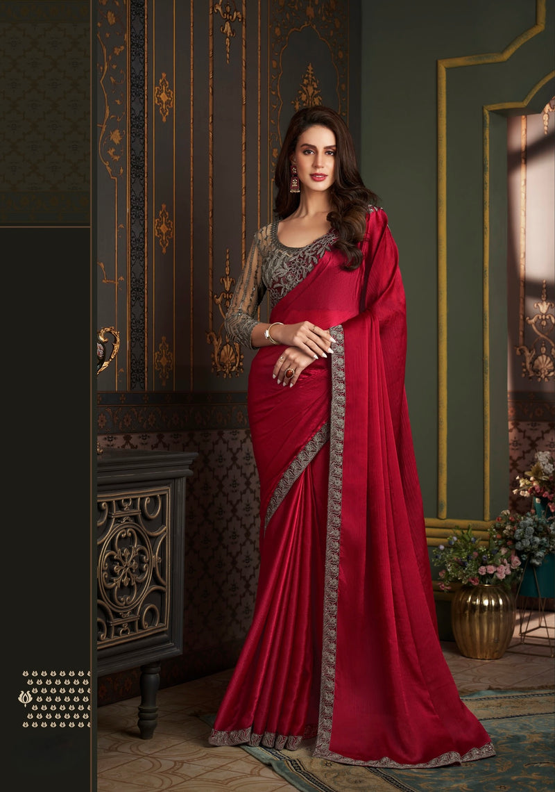 Red Colour Embroidery Silk Saree