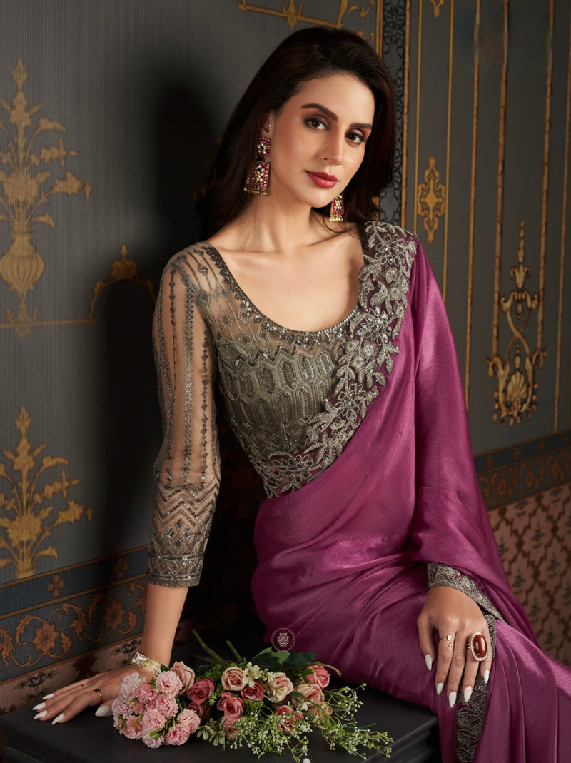 Purple Colour Embroidery Silk Saree