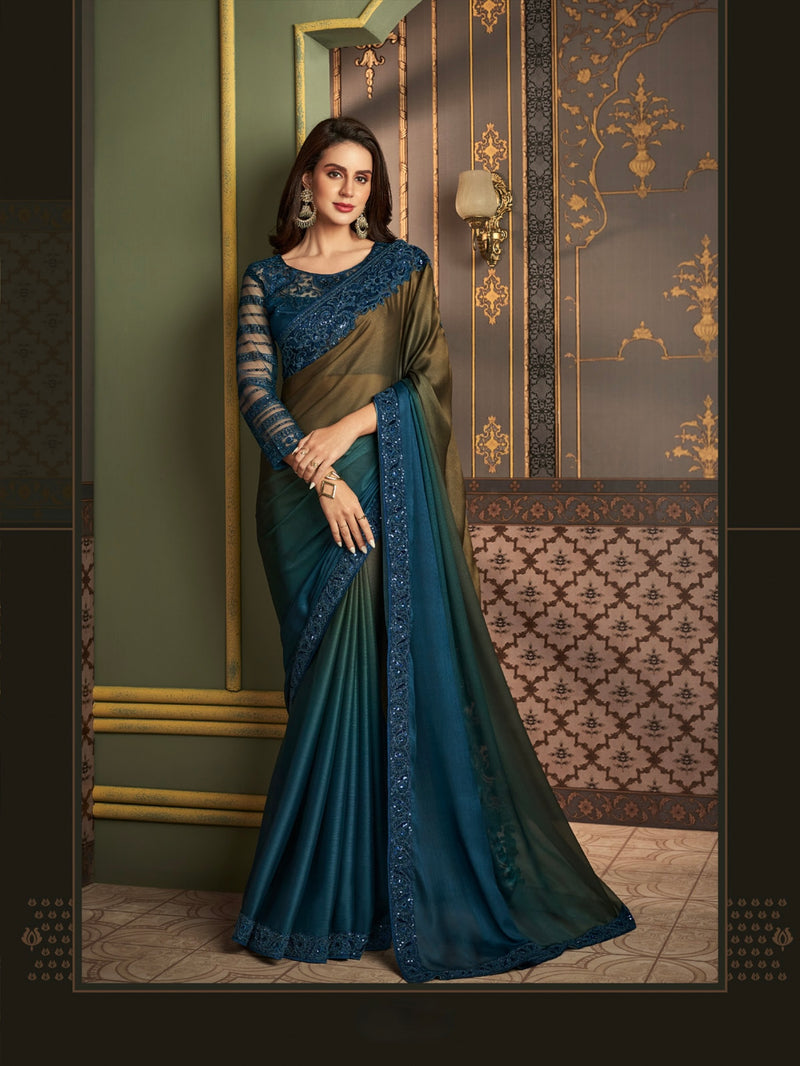 Prussian Blue Embroidered Silk Ombre Saree