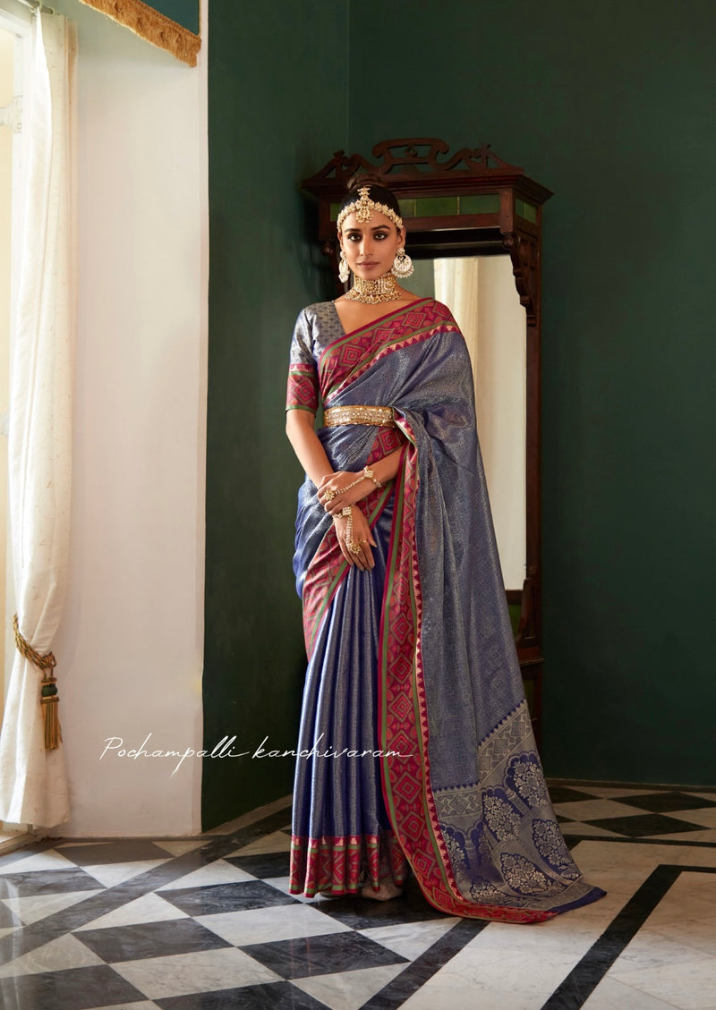 Blue Kanchipuram Silk with Pochampally Pattern