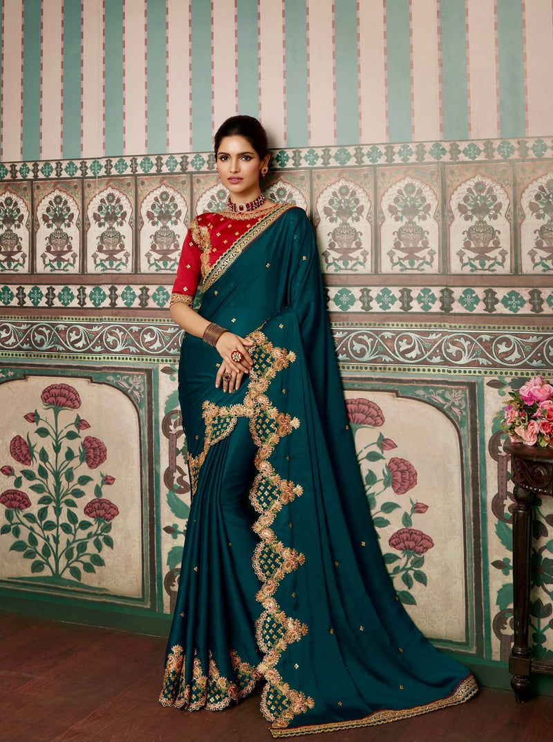 Embroidered Scalloped Saree in Teal