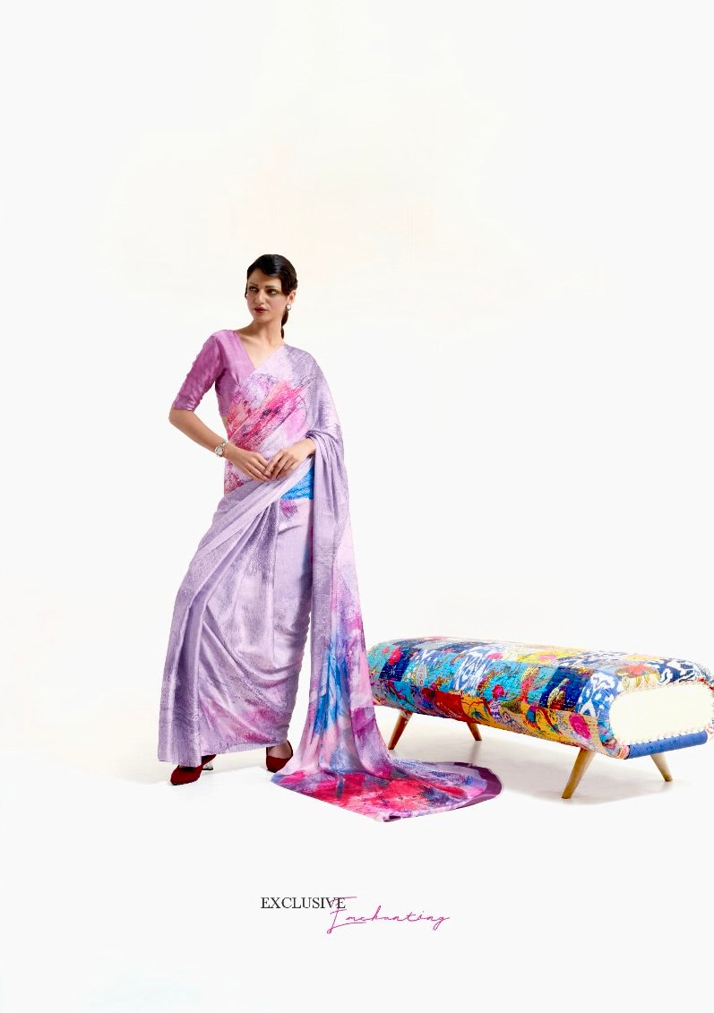 Purple Abstract Print Satin Saree