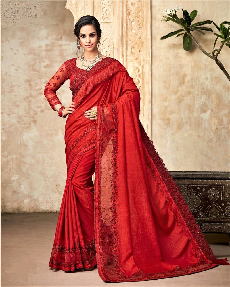 Red Silk Embroidered Designer Saree