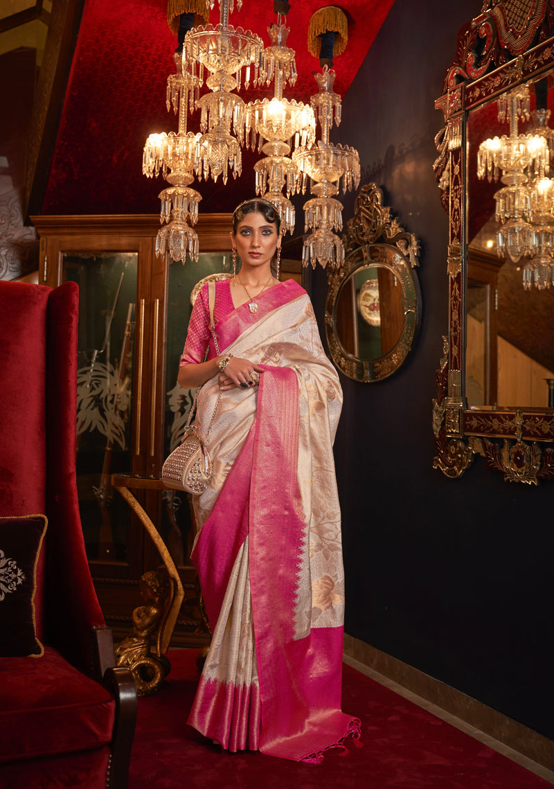 White and Pink Handloom Weaving Silk Saree