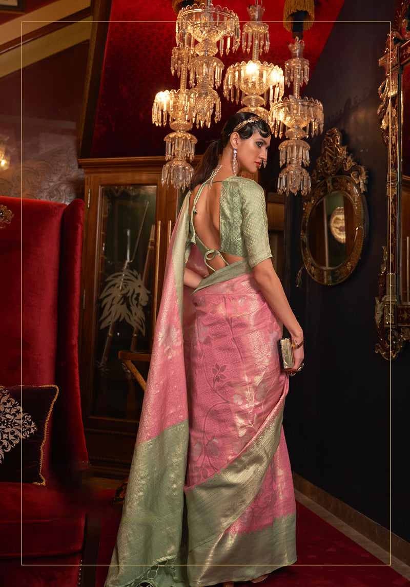 Pink and Green Handloom Weaving Silk Saree
