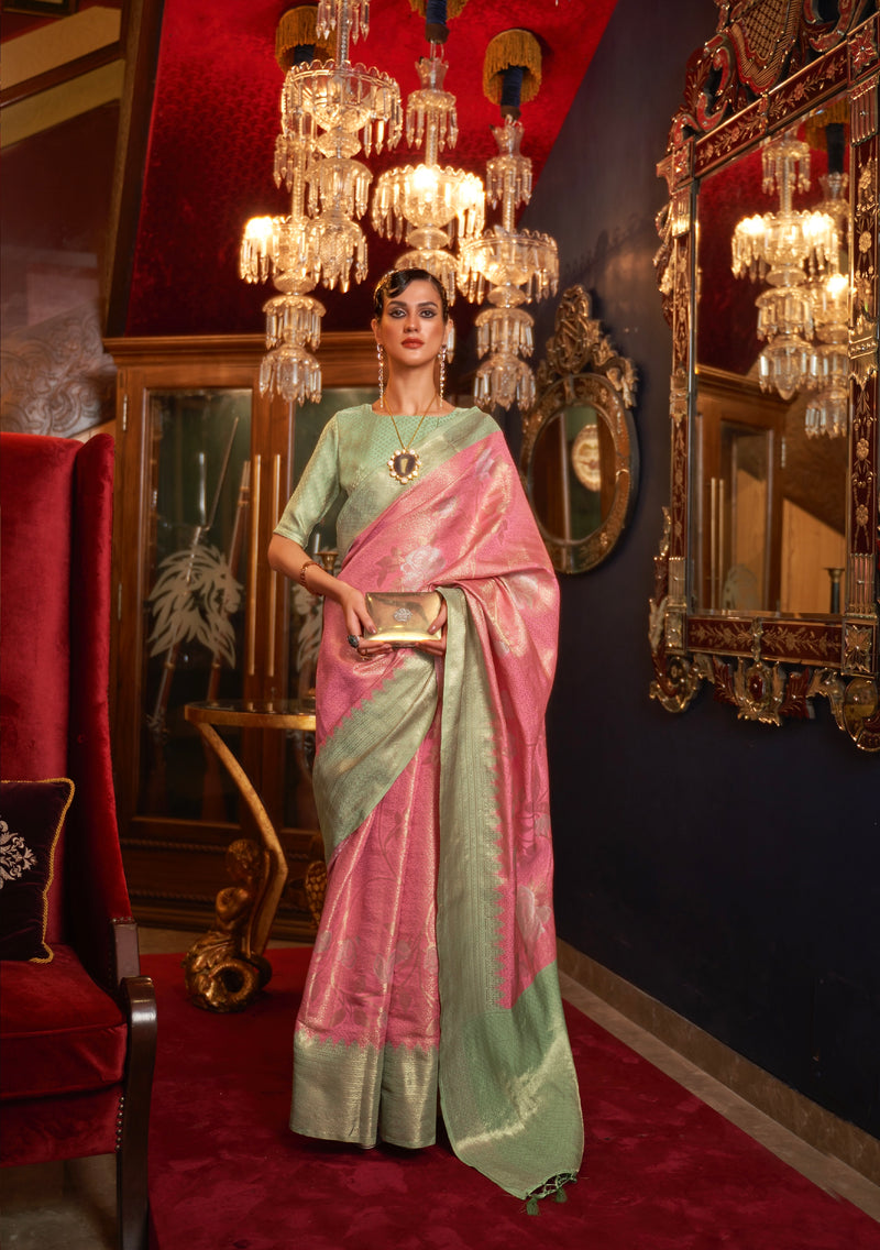 Pink and Green Handloom Weaving Silk Saree