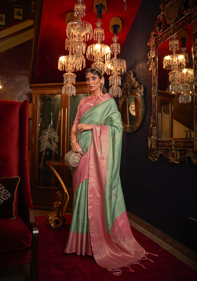 Rama and Pink Handloom Weaving Silk Saree
