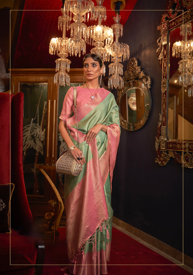 Rama and Pink Handloom Weaving Silk Saree