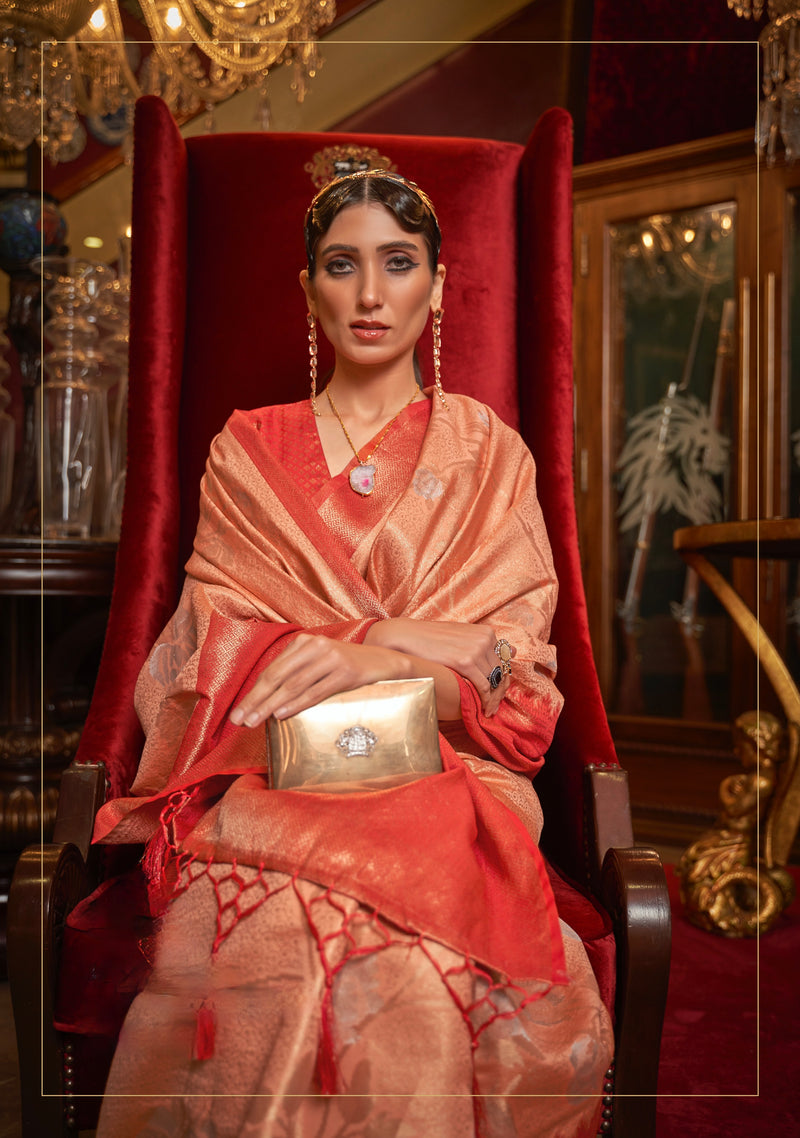 Peach and Red Handloom Weaving Silk Saree