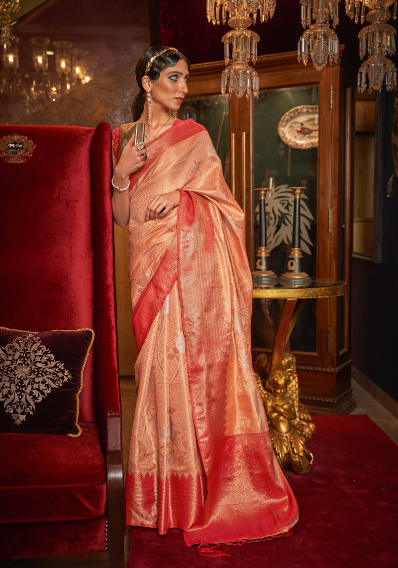 Peach and Red Handloom Weaving Silk Saree