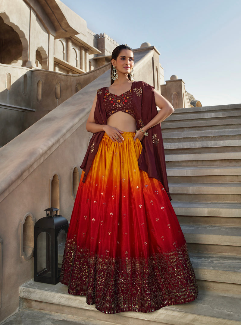 Adorable Ombre Orange Semi stitched Lehenga