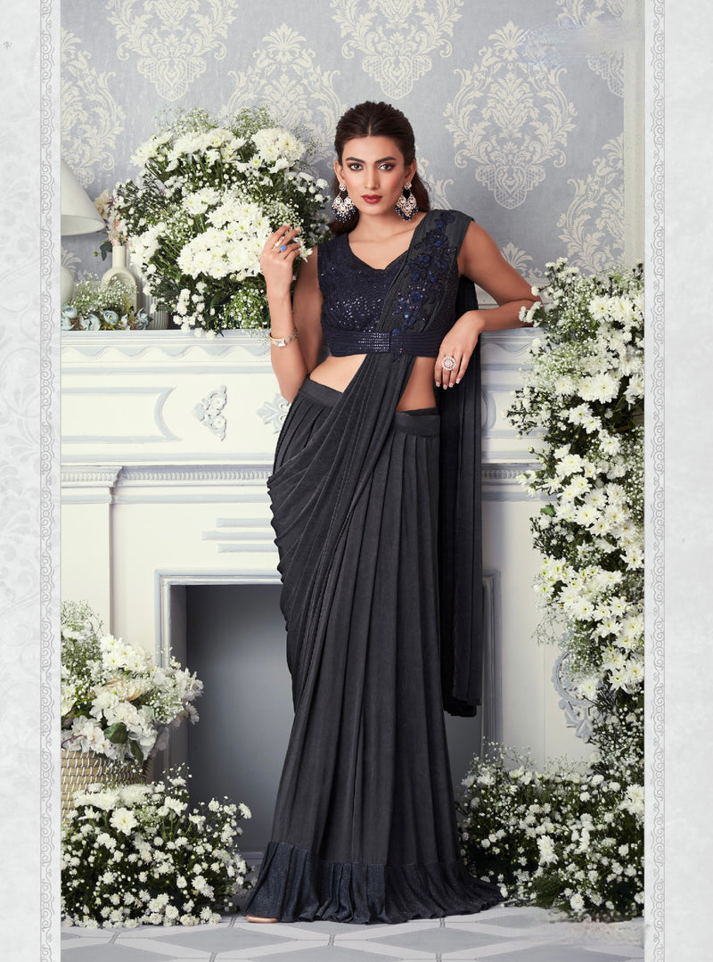 Charcoal Colour Ready Pleated Saree