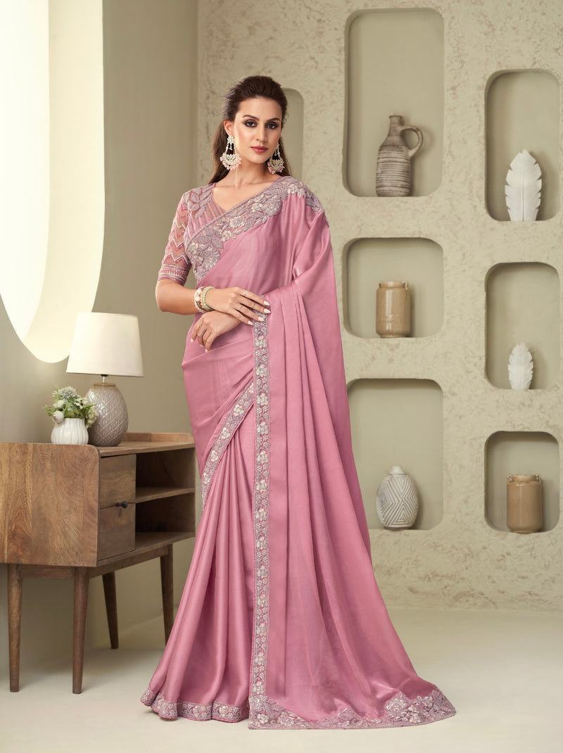 Pink colour Embroidery Border Saree