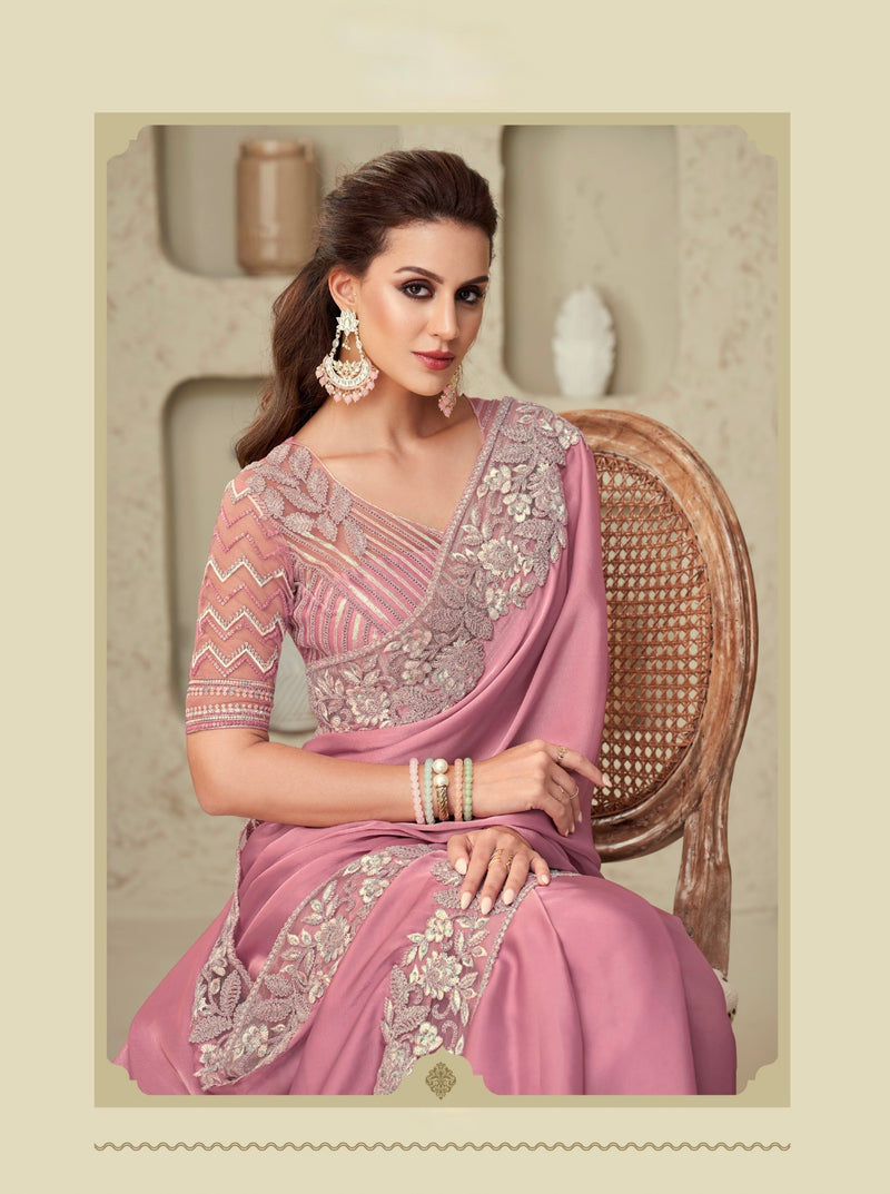 Pink colour Embroidery Border Saree