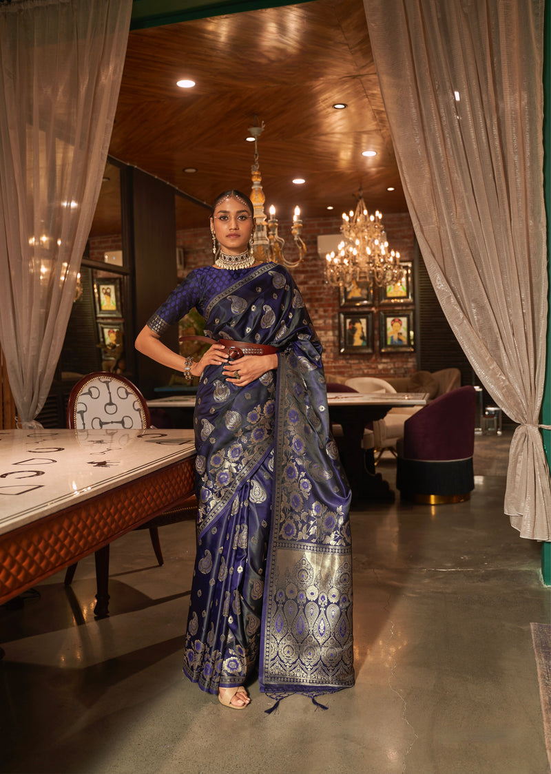 Stunning Blue Pure Satin Handloom Saree