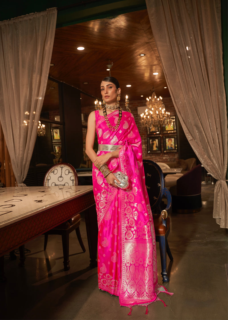 Stunning Pink Pure Satin Handloom Saree